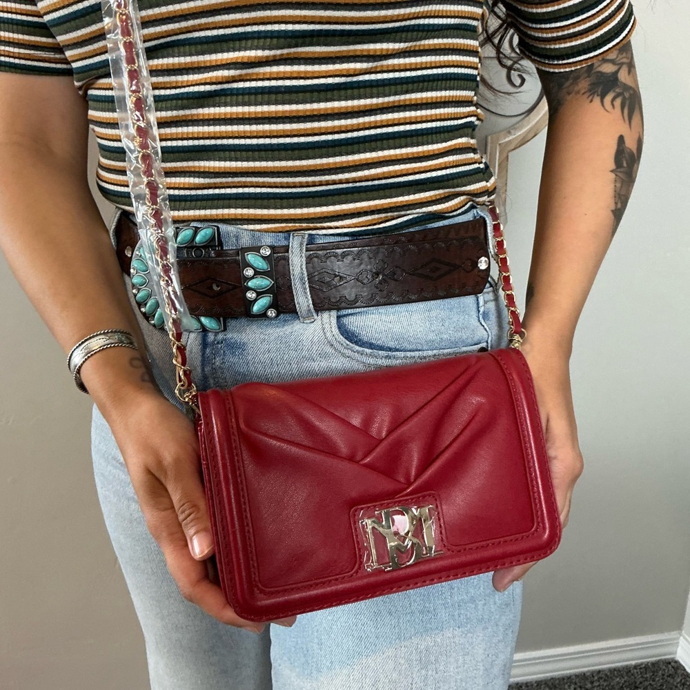 Badgley Mischka Red Vegan Leather Small Crossbody Bag Chain Strap $89